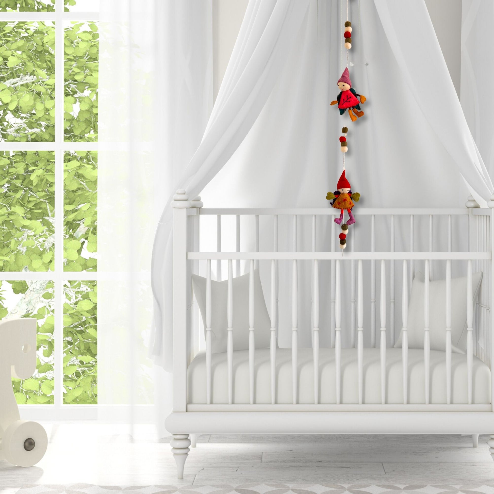 Handmade Felt Fairy Angels – 110 CM Wall Hanging in nursery, felt angel dolls with beads hanging beside white crib
