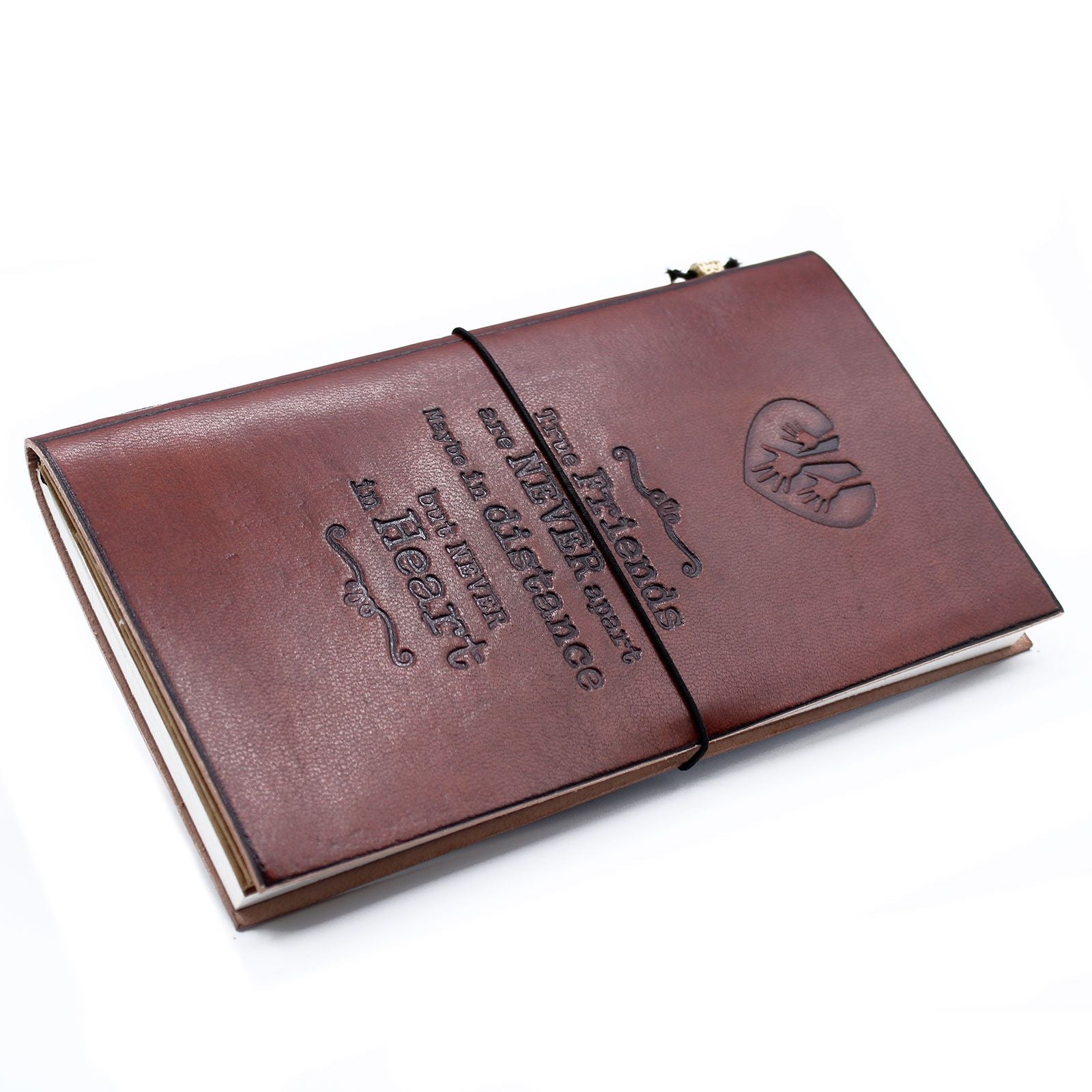 Handmade Leather Journal – True Friends Brown – 80 Pages, genuine brown leather cover with embossed quote and elastic band closure