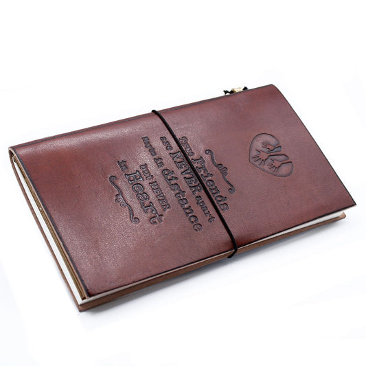 Handmade Leather Journal – True Friends Brown – 80 Pages, genuine brown leather cover with embossed quote and elastic band closure
