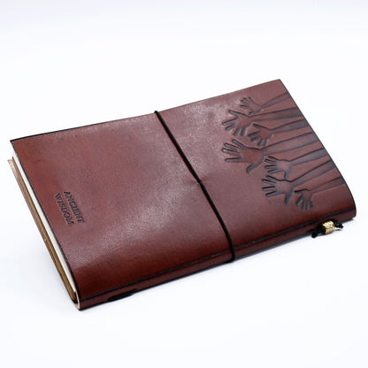 Handmade Leather Journal – True Friends Brown – 80 Pages, genuine brown leather notebook with embossed hands design and wrap tie closure