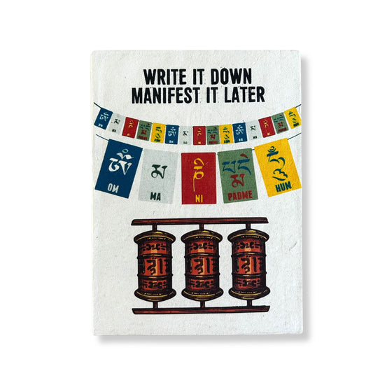 Alt Tag: Handmade Lokta Inspiration Notebook – 21x15 CM con portada de banderas de oración y frase “Write it Down Manifest it Later”