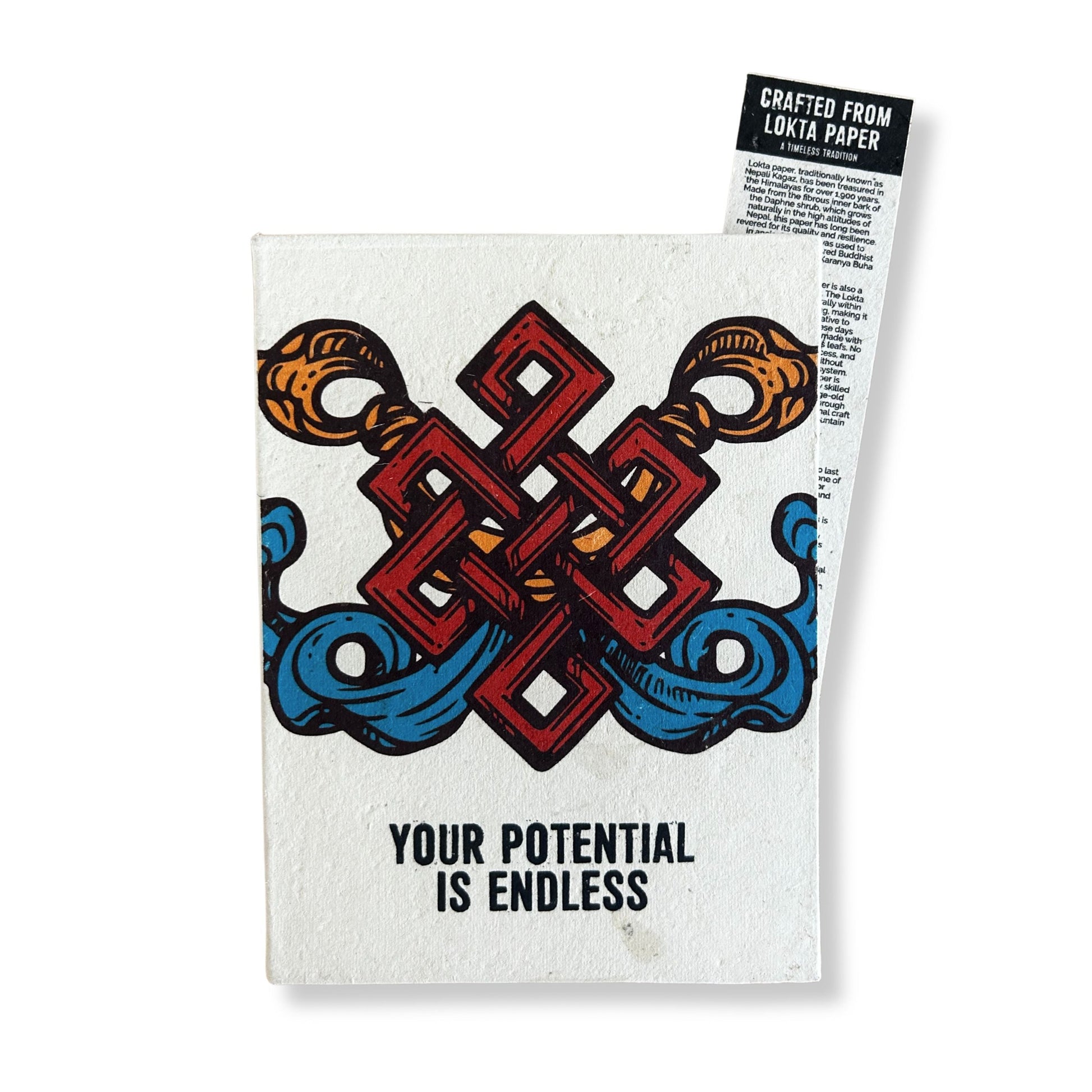 Alt Tag: Handmade Lokta Notebook – 21x15 CM 'Your Potential' cover with colorful knot design and "Your Potential Is Endless" text