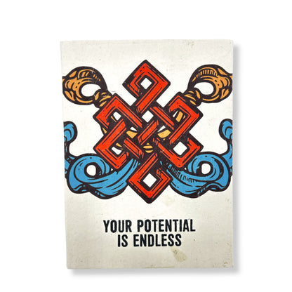 Handmade Lokta Notebook – 21x15 CM 'Your Potential' cover with vibrant knot design and text “Your Potential Is Endless”