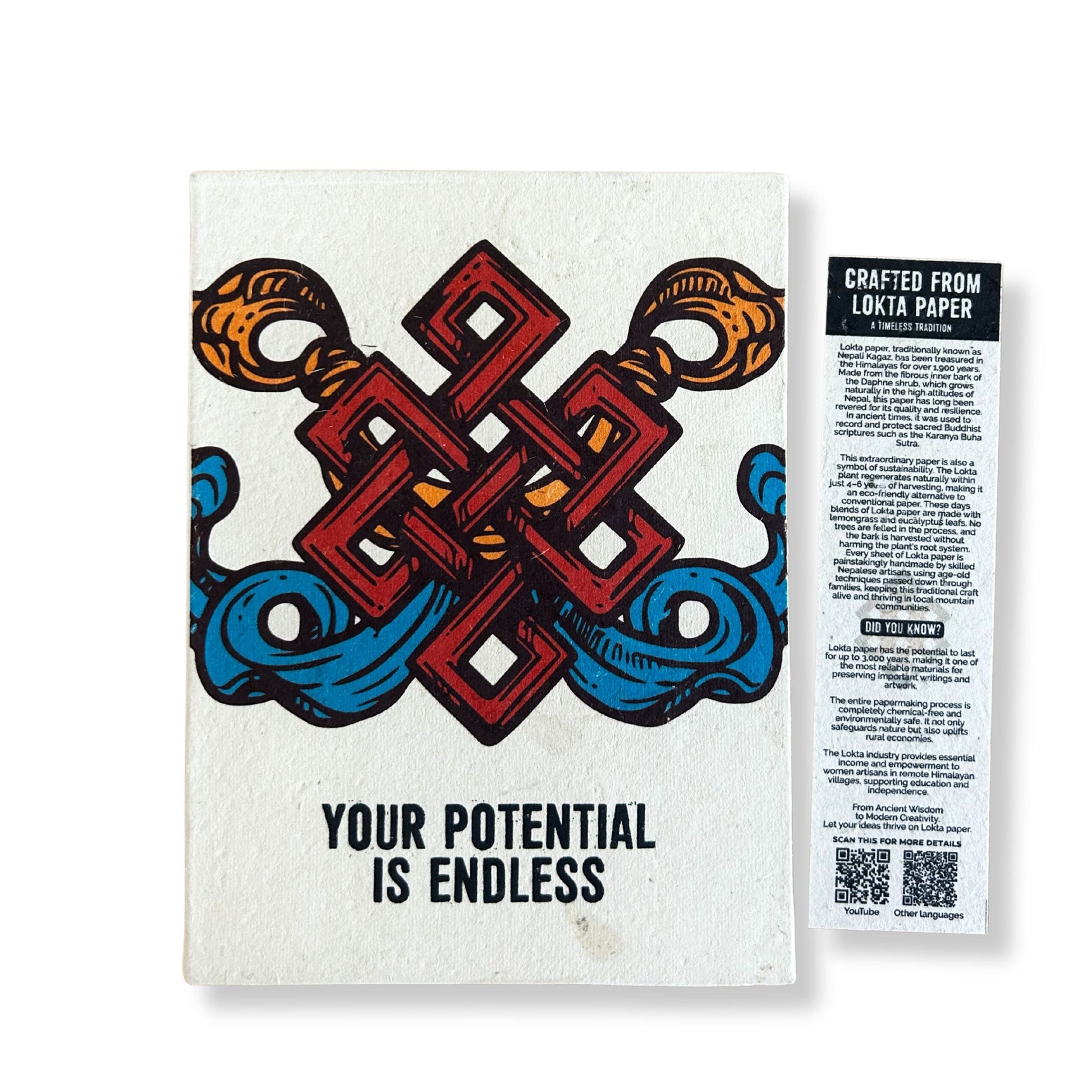 Alt Tag: Handmade Lokta Notebook – 21x15 CM 'Your Potential' cover with knot design and text “Your Potential Is Endless”