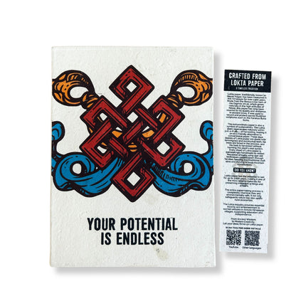 Alt Tag: Handmade Lokta Notebook – 21x15 CM 'Your Potential' cover with knot design and text “Your Potential Is Endless”