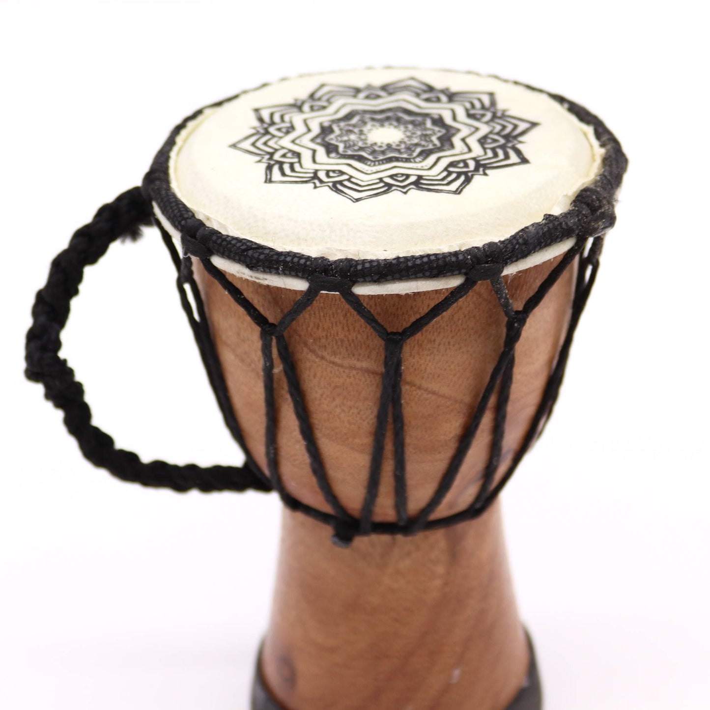 Handmade Wide Top Djembe Drum – 15 CM, small wooden djembe with wide goatskin head, black rope tuning and side handle