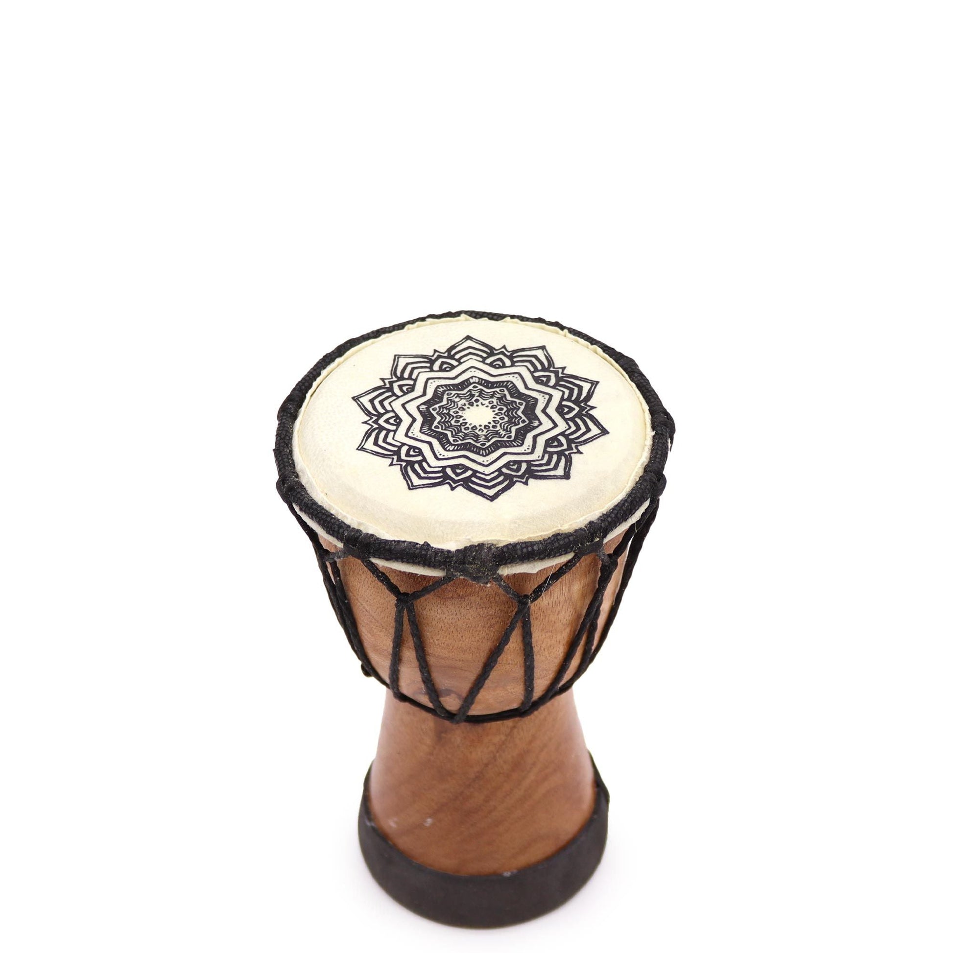 Alt Tag: Handmade Wide Top Djembe Drum – 15 CM with natural goatskin head, wide top playing surface, rope-tuned wooden shell
