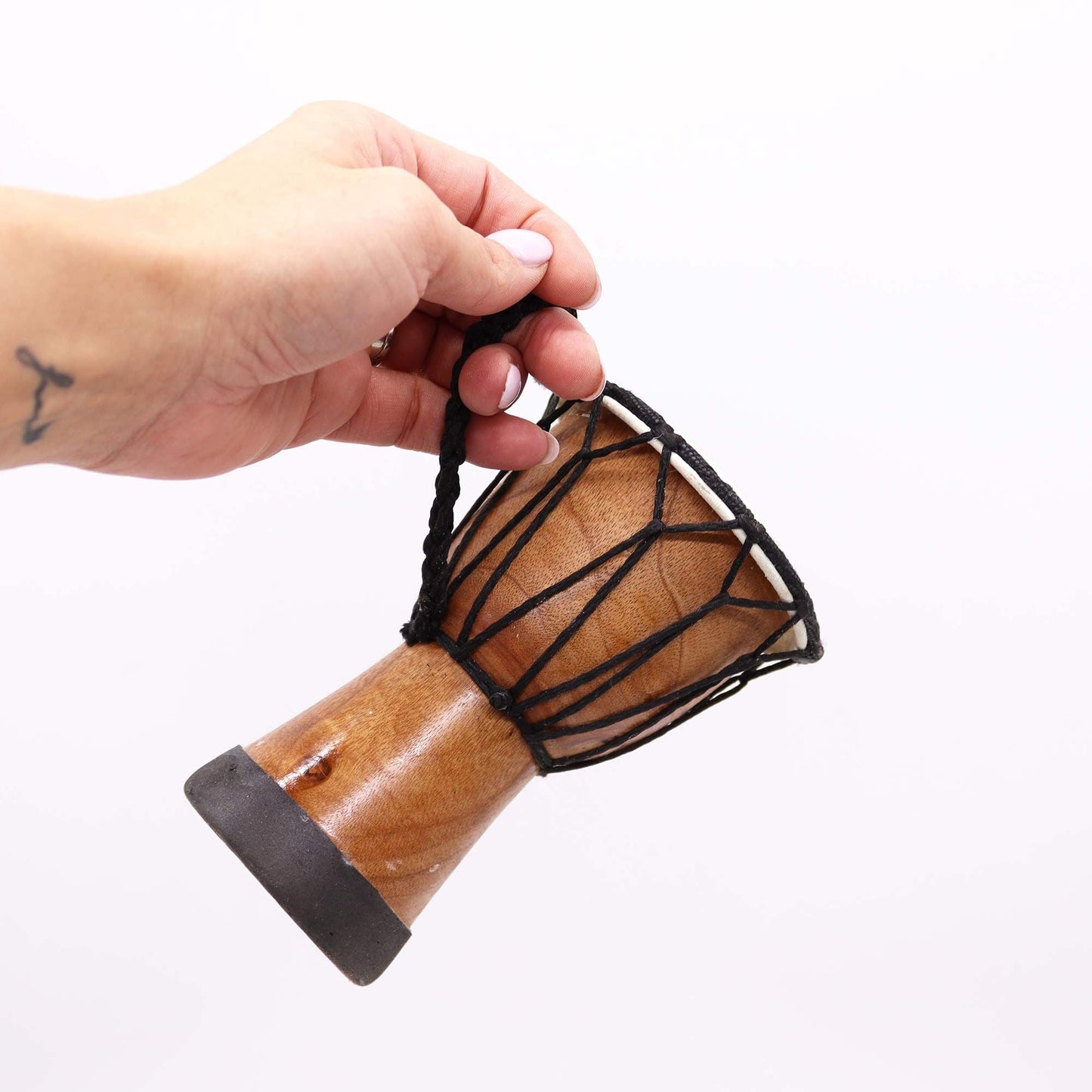 Handmade Wide Top Djembe Drum – 15 CM held by hand, small wooden djembe with rope tuning and wide top