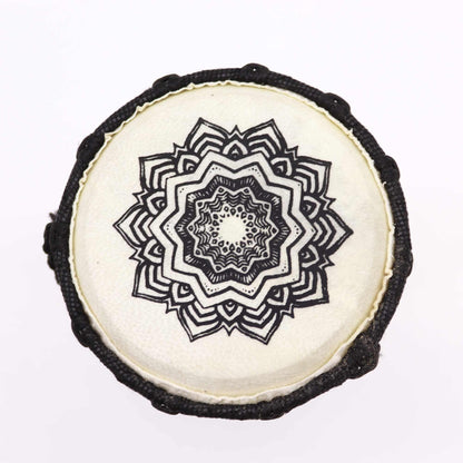 Handmade Wide Top Djembe Drum – 15 CM top view with natural goatskin drumhead and black mandala pattern