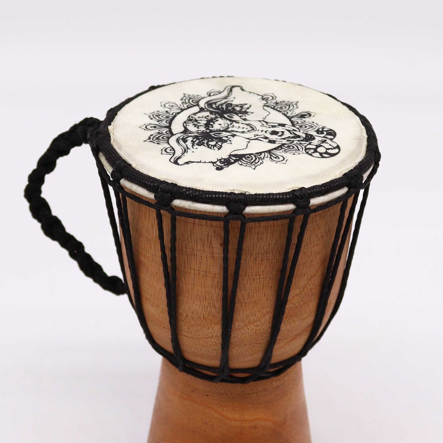 Handmade Wide Top Djembe Drum – 20 CM with natural goatskin head, carved wood body, black rope tuning, and carry handle