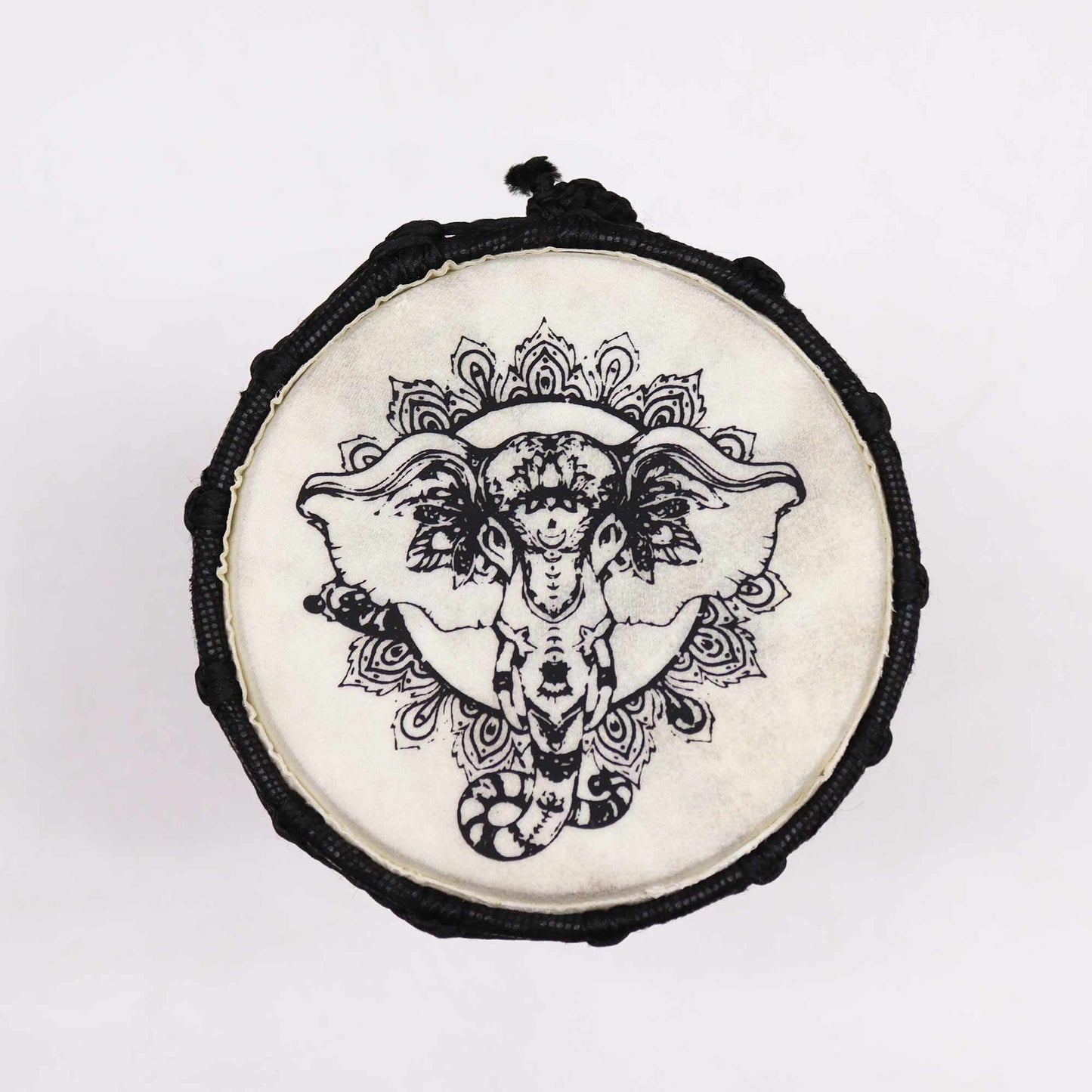 Handmade Wide Top Djembe Drum – 20 CM with goat-skin head and elephant mandala design, top view