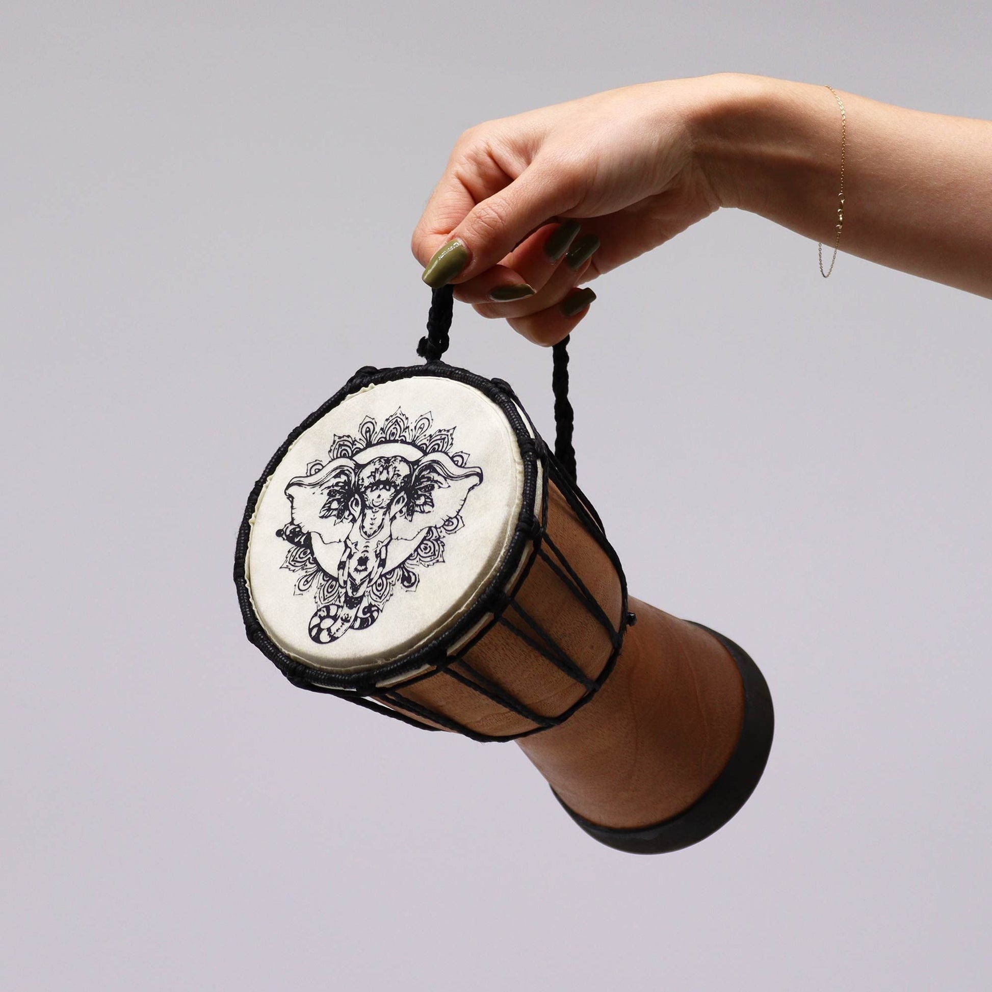 Handmade Wide Top Djembe Drum – 20 CM, mini hand drum with rope handle, goat-skin head and carved wooden body