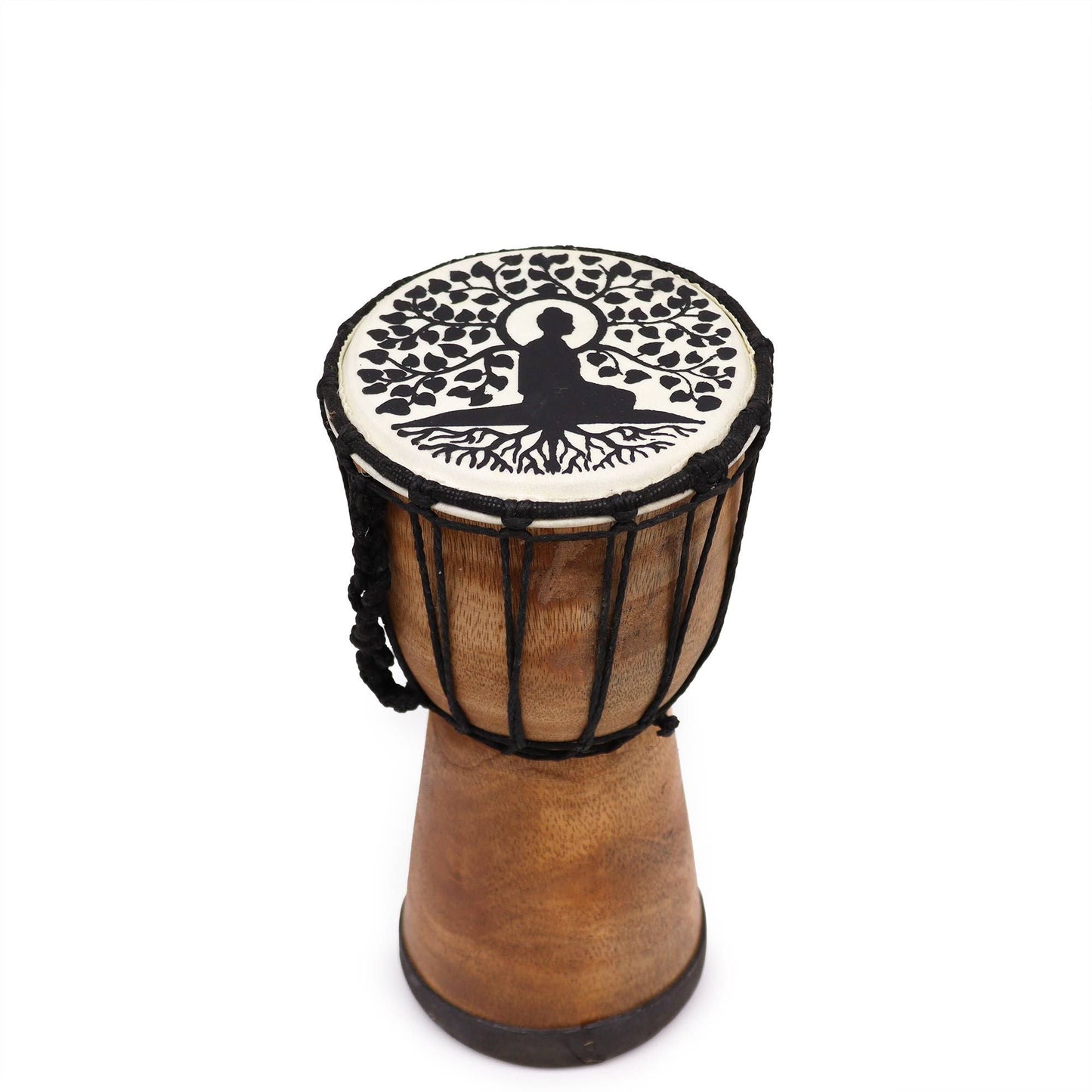 Handmade Wide Top Djembe Drum – 25 CM with natural goatskin head, rope-tuned, tree design on drumhead, wooden body
