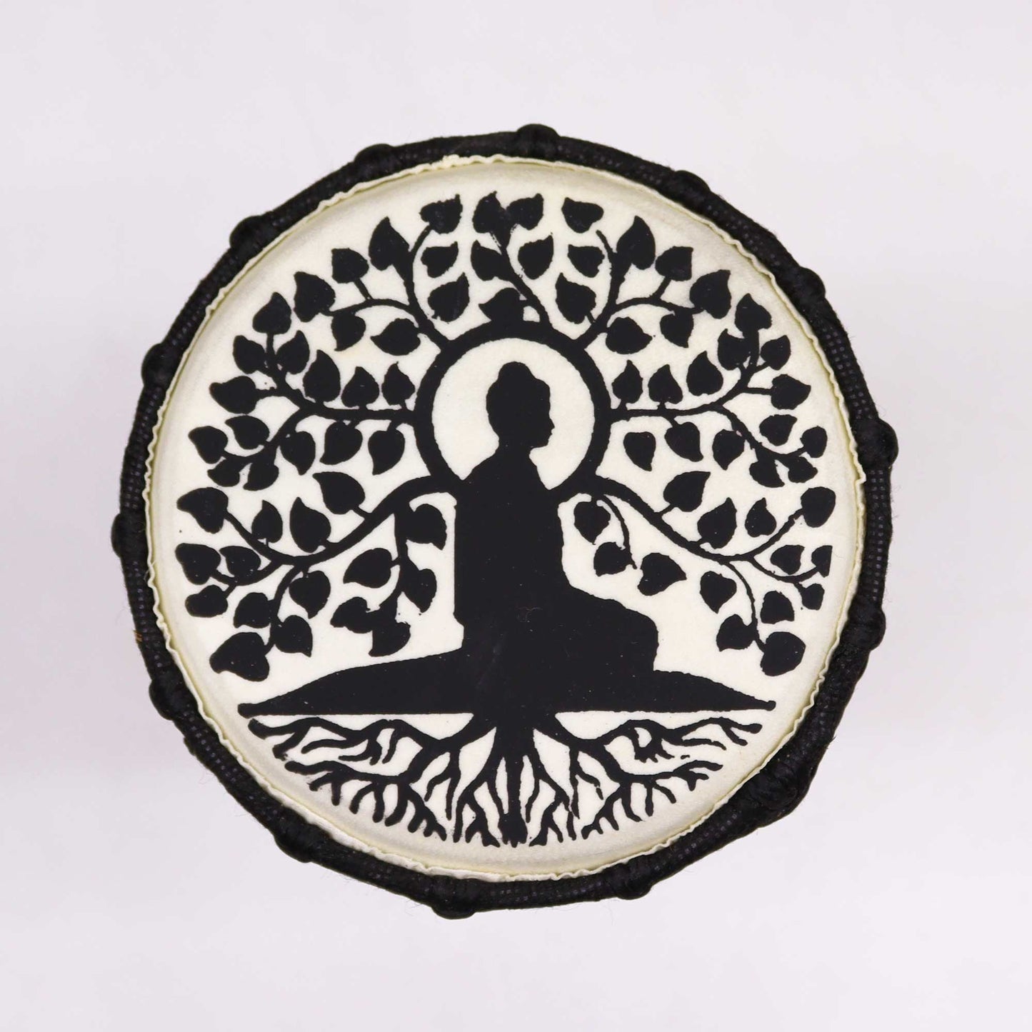 Handmade Wide Top Djembe Drum – 25 CM natural goatskin drum head with black tree and seated figure design, top view