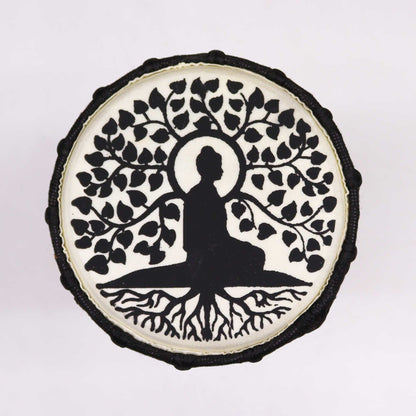 Handmade Wide Top Djembe Drum – 25 CM natural goatskin drum head with black tree and seated figure design, top view