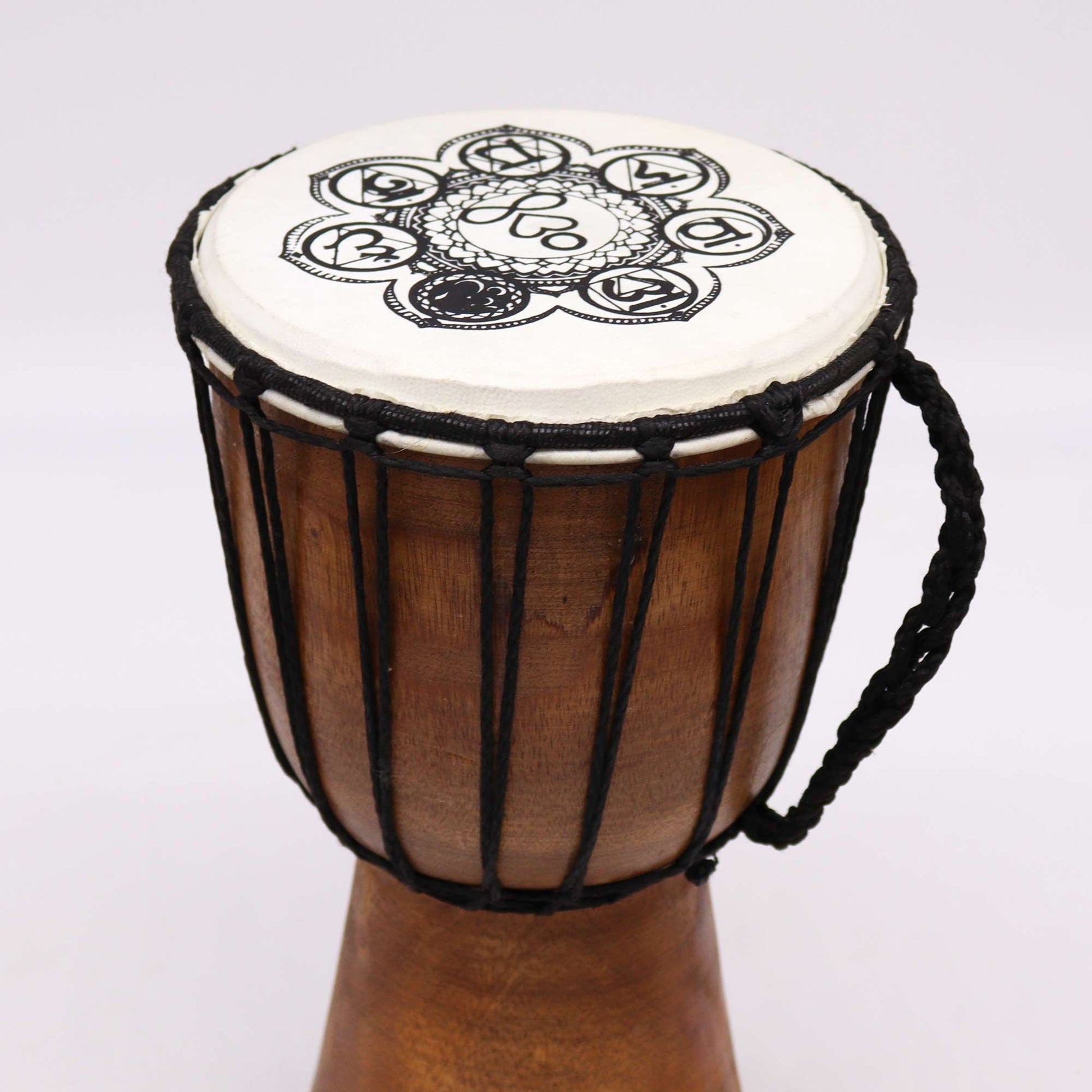 Alt Tag: Handmade Wide Top Djembe Drum – 30 CM wide top wooden djembe with rope-tension tuning and decorative drumhead print