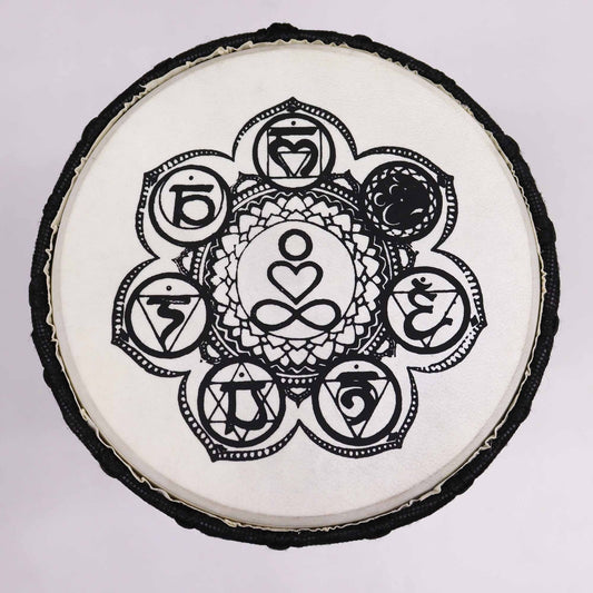 Alt Tag: Handmade Wide Top Djembe Drum – 30 CM wide top drum head with black mandala-style symbol design on white skin