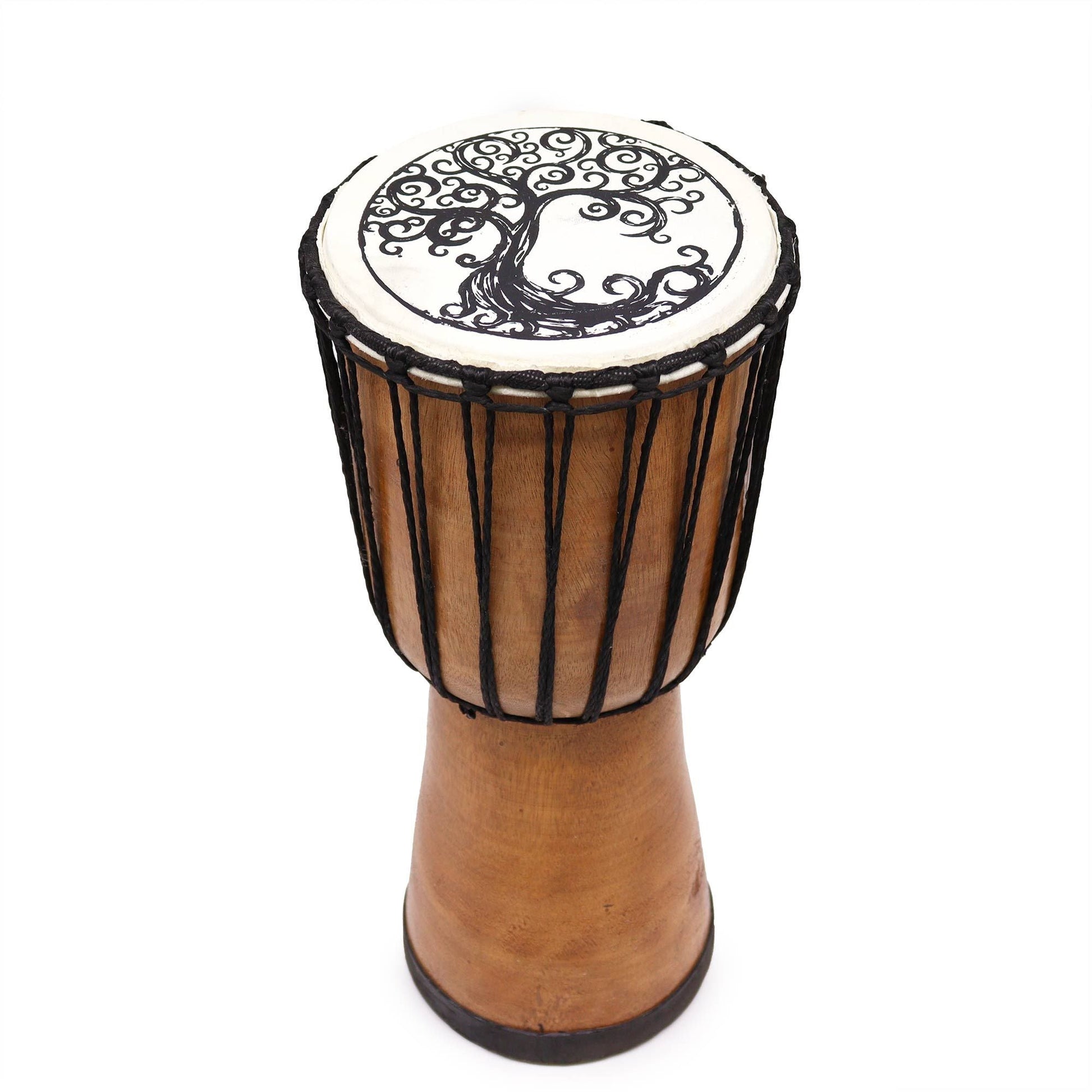 Handgjord Djembe-trumma med bred topp – 40 CM med bred topp, repstramning med snörning, snidad träkropp och trumskinn med trädmotiv