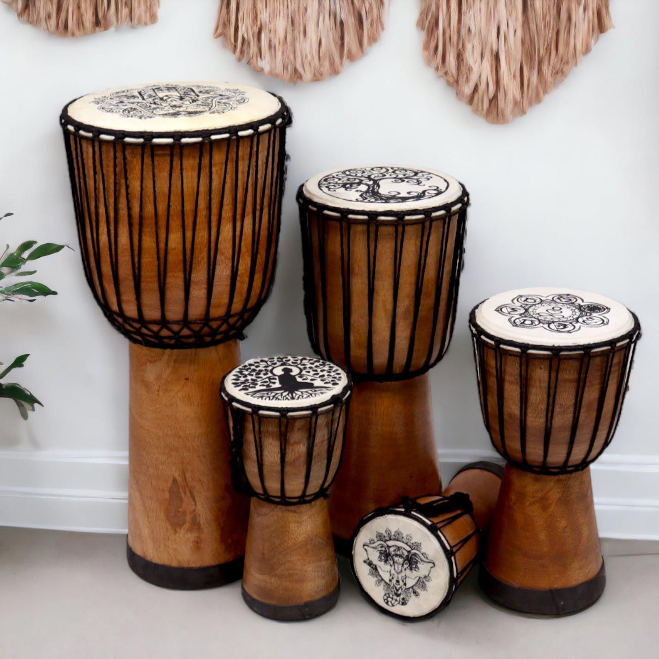 Handgjord bred topp djembe-trumma – 40 CM set med djembetrummor i trä med repspänning och snidade trumskinn