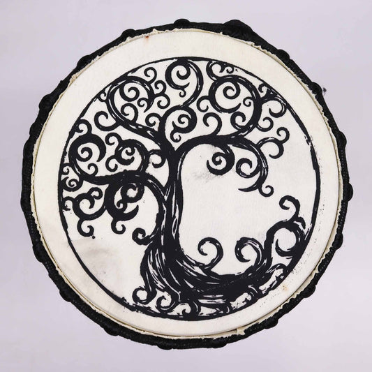 Alt Tag: Handmade Wide Top Djembe Drum – 40 CM drum head with black tree of life swirl design, top view