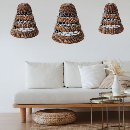 Handvävda lampskärmar i bananblad & raffia – set med 3 vävda pendelskärmar ovanför soffan, naturlig brun och vit struktur