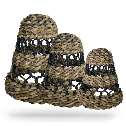 Handwoven Banana Leaf & Raffia Lamp Shades – Set of 3 in natural woven banana leaf and black raffia, 35x35x40 cm