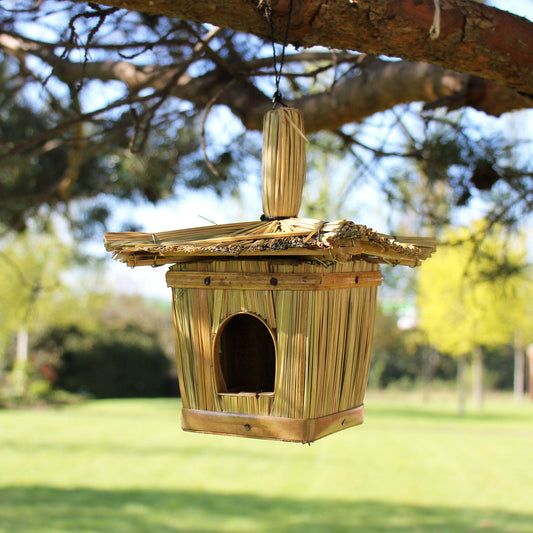 Handwoven Seagrass Bird Box – 18x13 CM colgando de una rama, casita para pájaros de seagrass y bambú en jardín