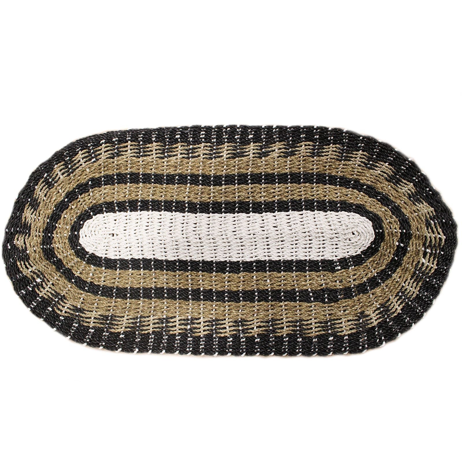 Alt Tag: Handwoven Seagrass Rug – Black & White Classic 60x120 CM oval braided seagrass rug in black, white and tan on white background