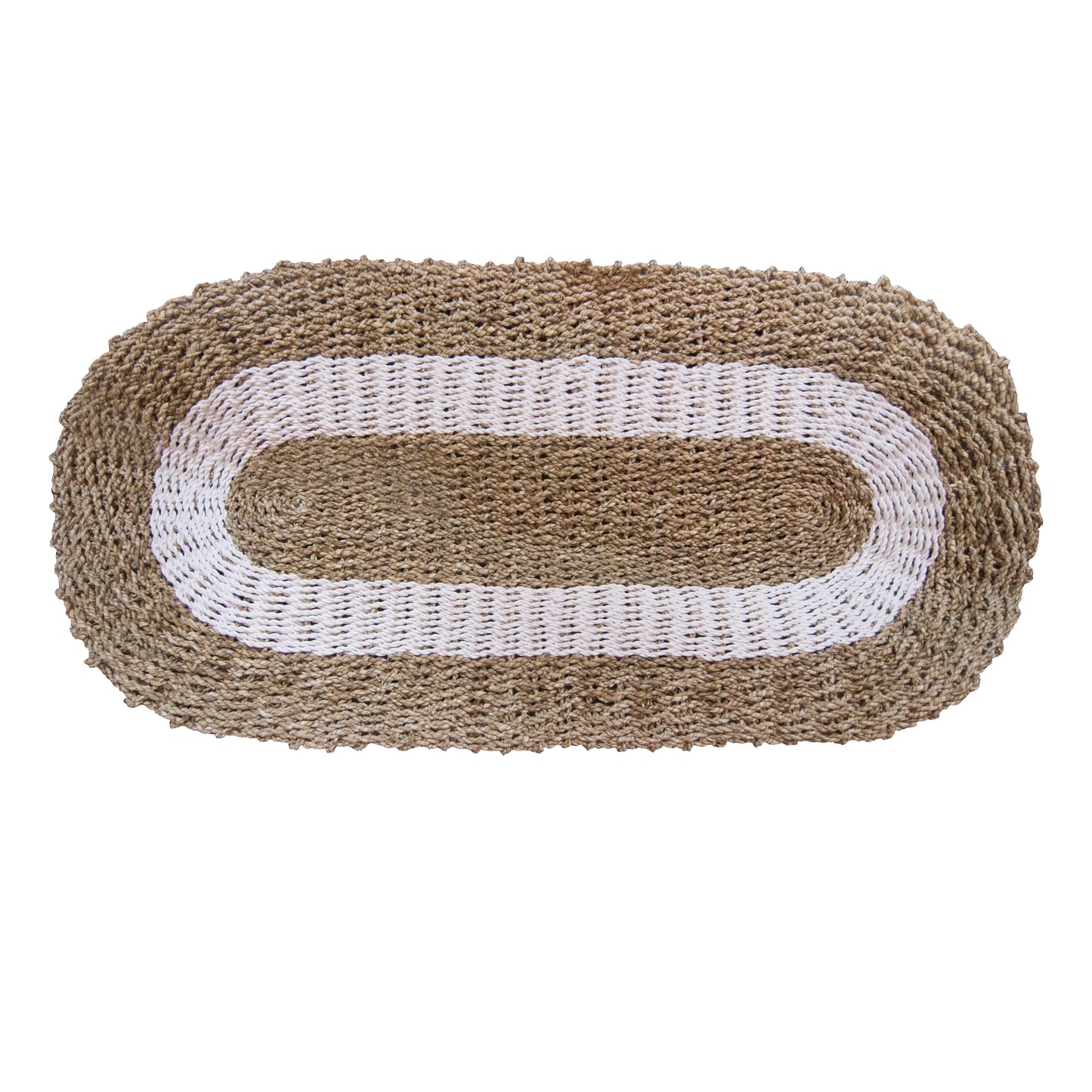 Handvävd sjögräsmatta – Vit & Natur Klassisk oval handvävd sjögräsmatta i storlek 60x120 CM i vit och natur, naturlig vävd struktur