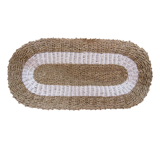 Handwoven Seagrass Rug – White & Tan Classic 60x120 CM oval handwoven seagrass rug in white and tan, natural woven texture