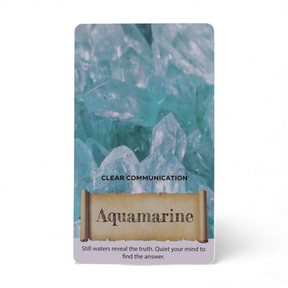 Harmonizing Energy Oracle Cards – Insightful Deck Aquamarine “Clear Communication” card with blue crystal illustration