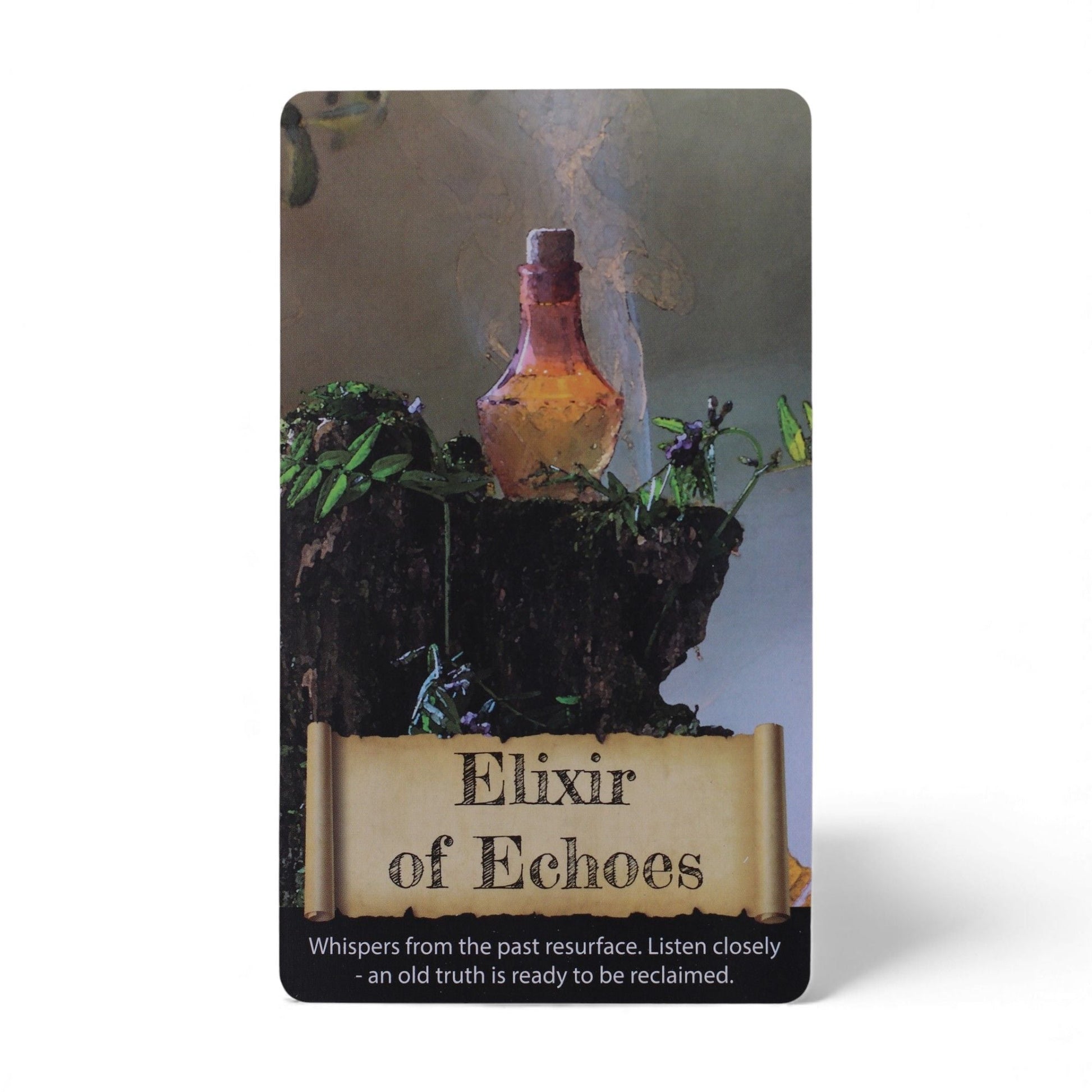 Harmonizing Energy Oracle Cards – Insightful Deck card “Elixir of Echoes” with potion bottle illustration and message text