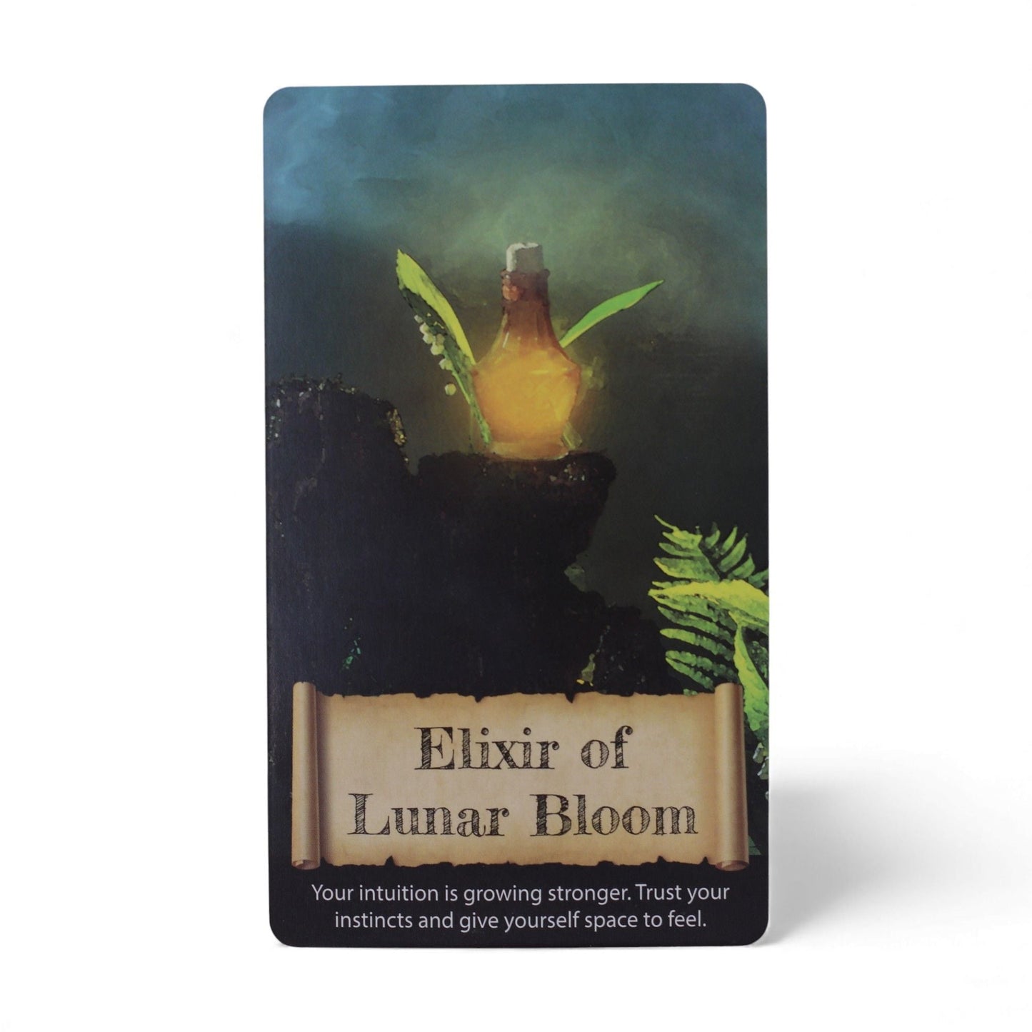 Harmonizing Energy Oracle Cards – Insightful Deck card 'Elixir of Lunar Bloom' featuring a glowing potion bottle on a dark mystical background