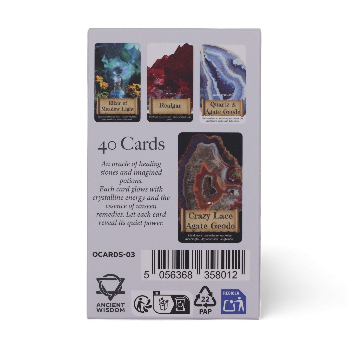 Harmonizing Energy Oracle Cards – Insightful Deck caja posterior con 40 cards y arte de cristales, marca Ancient Wisdom