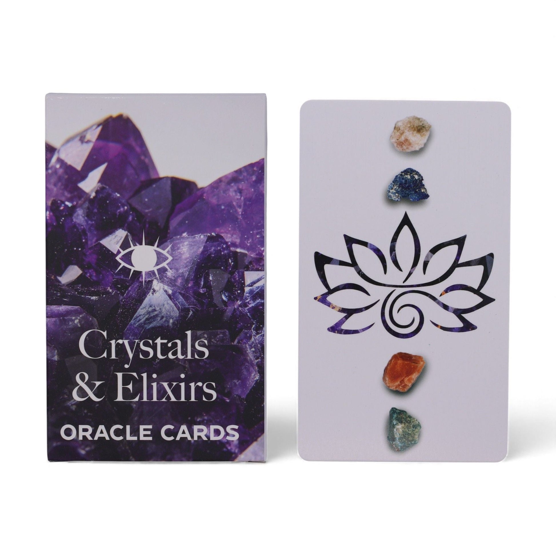 Harmonizing Energy Oracle Cards – Insightful Deck box and card with lotus design and crystals illustration