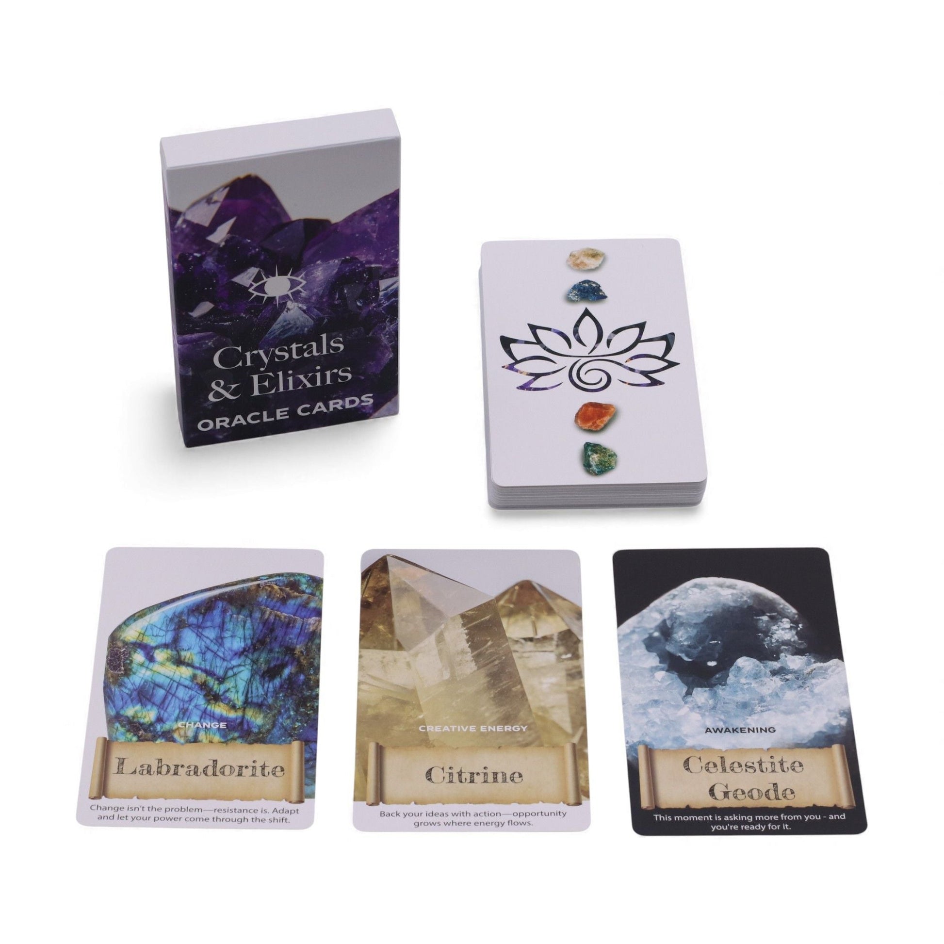 Harmonizing Energy Oracle Cards – Insightful Deck con caja y cartas tipo oráculo de cristales (Labradorite, Citrine, Celestite Geode)