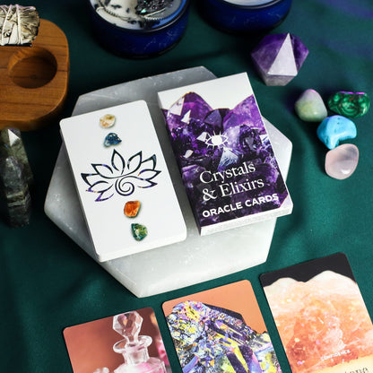 Alt Tag: Harmonizing Energy Oracle Cards – Insightful Deck oracle card deck with crystals, amethyst cover, and colorful card spreads on table