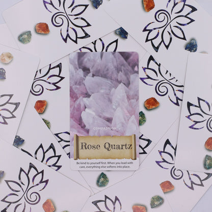 Harmonizing Energy Oracle Cards – Insightful Deck with Rose Quartz Compassion card, oracle deck cards and crystals on patterned background