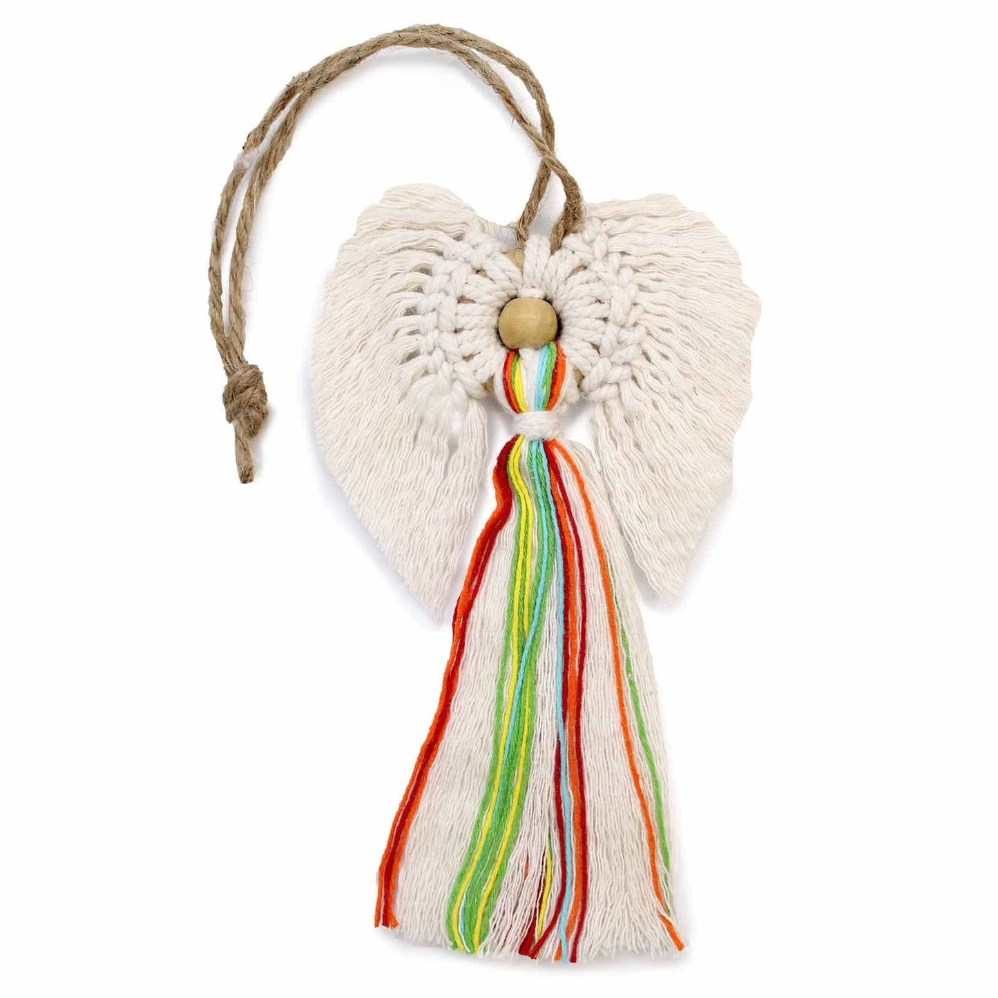 Harmony Makramee-Engel – handgefertigter Engel-Anhänger aus Baumwolle (22x14 CM) mit geflochtener Aufhängeschlaufe und mehrfarbiger Quaste