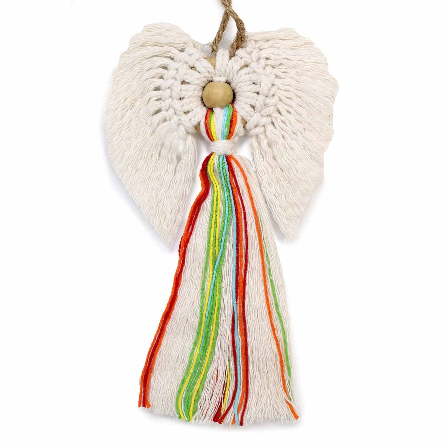 Harmony Makramee-Engel – Handgewebter Makramee-Engelanhänger aus Baumwolle (22x14 CM) mit Regenbogen-Quasten und Holzperle