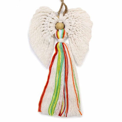 Harmony Makramee-Engel – Handgewebter Makramee-Engelanhänger aus Baumwolle (22x14 CM) mit Regenbogen-Quasten und Holzperle