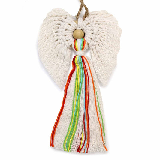 Harmony Makramee-Engel – Handgewebter Makramee-Engelanhänger aus Baumwolle (22x14 CM) mit Regenbogen-Quasten und Holzperle