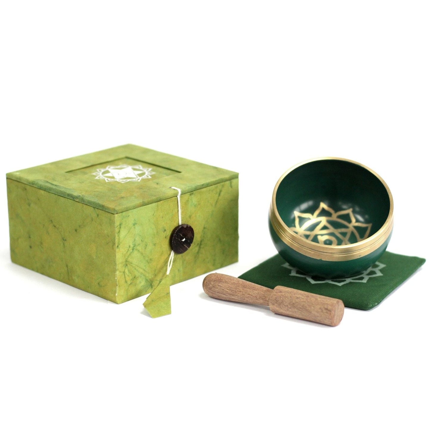 Heart Chakra Singing Bowl – Approx. Frequency 788 Hz, green singing bowl set with striker, cushion and gift box