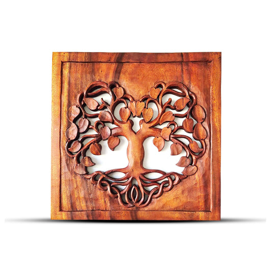 Heartwarming Tree of Life Decorative Panel – 40x40 CM wooden wall panel with carved tree of life design, square decorative art