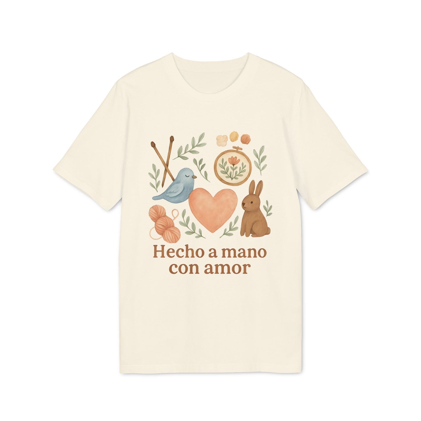 Alt Tag: Hecho A Mano Amor Orgánica Waldorf 100% Organic Cotton T-Shirt color crema con ilustración corazón, pájaro, conejo y hojas