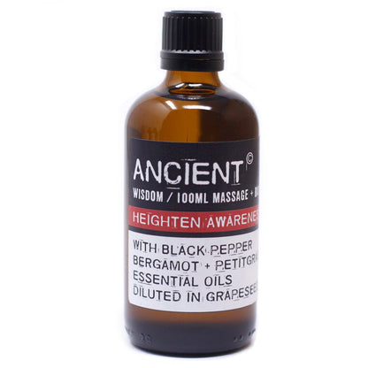 Alt Tag: Heighten Awareness Massage Oil – 100 ML amber glass bottle with black cap, essential oils blend label