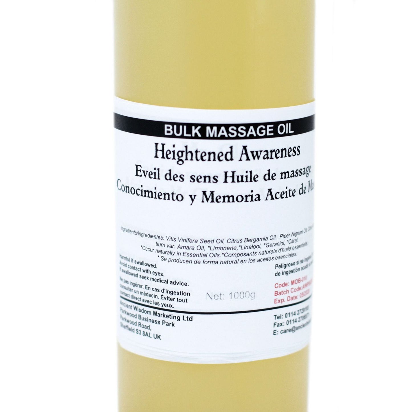 Heighten Awareness Massage Oil – 1 KG bulkflaska med massageolja med etiketten Heightened Awareness, 1000 g