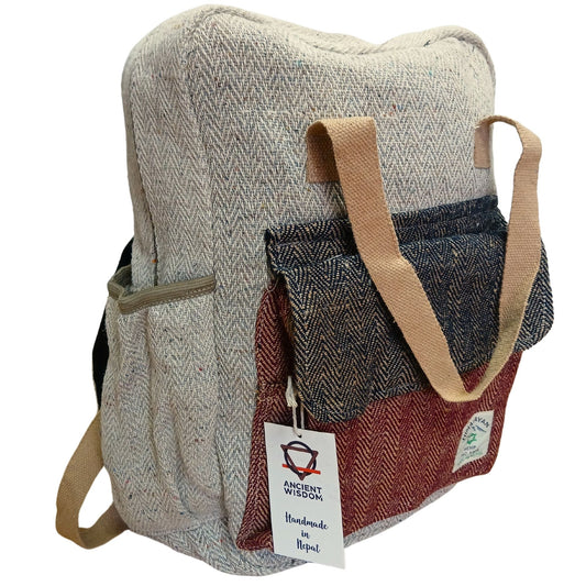 Alt Tag: Hemp & Cotton Adventure Backpack – Kathmandu Design in natural hemp-cotton canvas, boxy profile with front pocket and carry handles