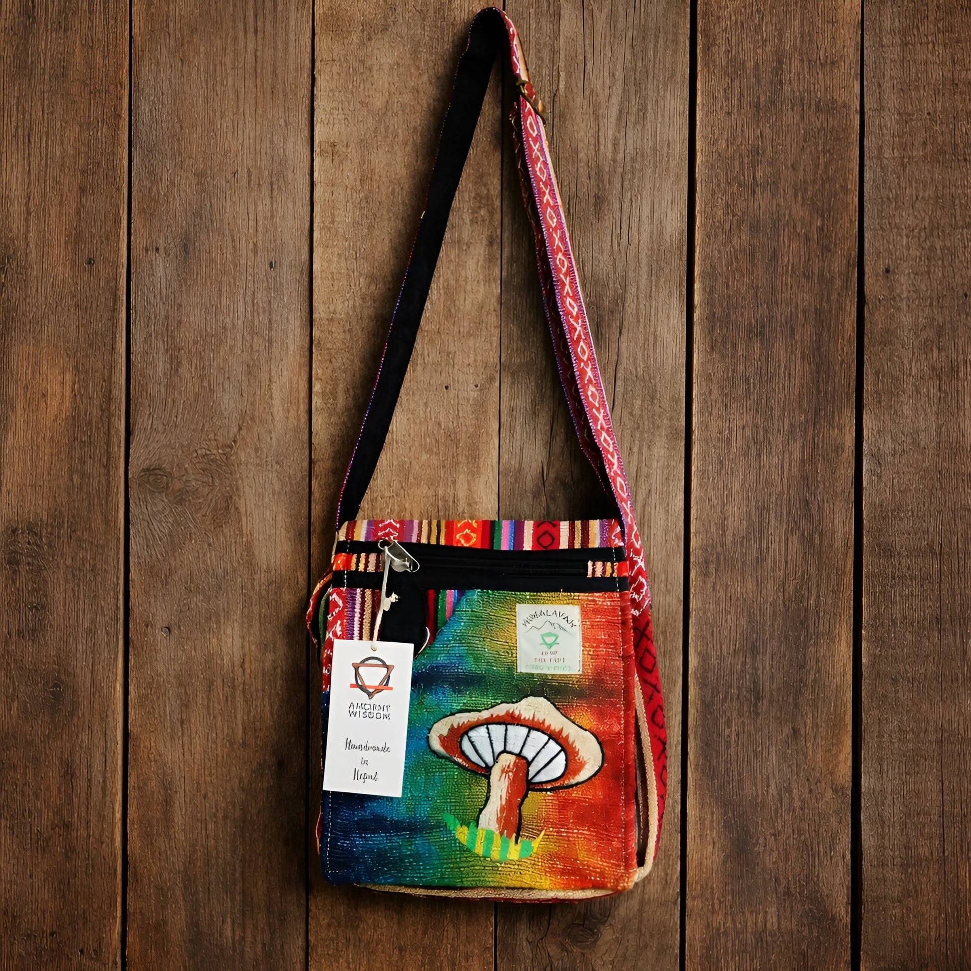 Broderad festväska i hampa och bomull – Orange Mushrooms crossbody-väska med broderi av orange svampar, fickor med dragkedja och mönstrad axelrem