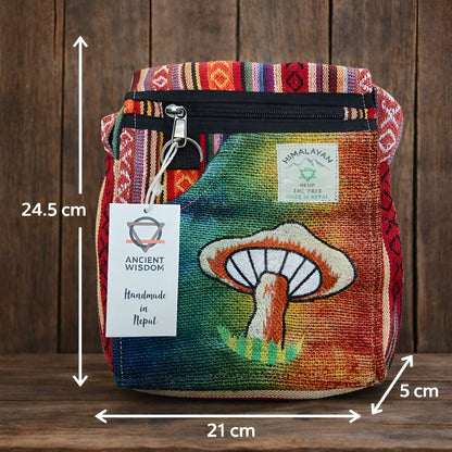 Broderad partybag i hampa & bomull – Orange Mushrooms med ficka med dragkedja, färgstarkt vävt tyg, storlek 24,5 x 21 x 5 cm